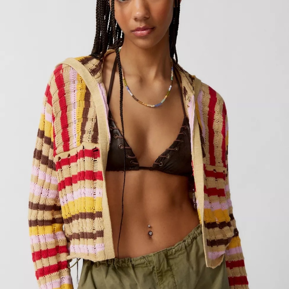 BDG Multicolor Striped Hooded Knit Cardigan